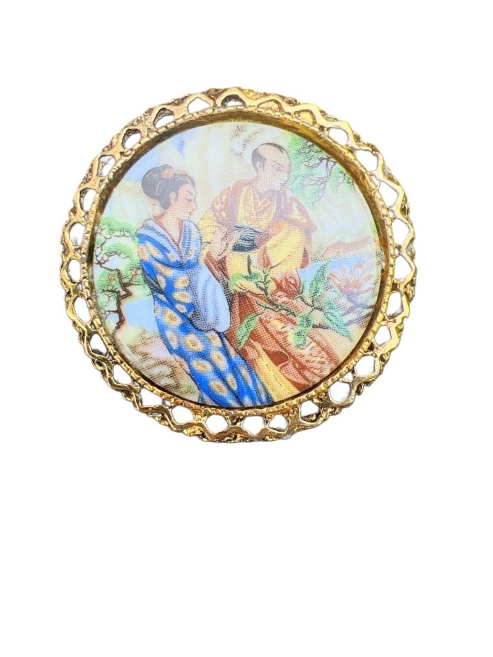 Hand-Painted Asian-Oriental Vintage Brooch With Oriental Scene & Gold-Tone Frame - Picture 2 of 4